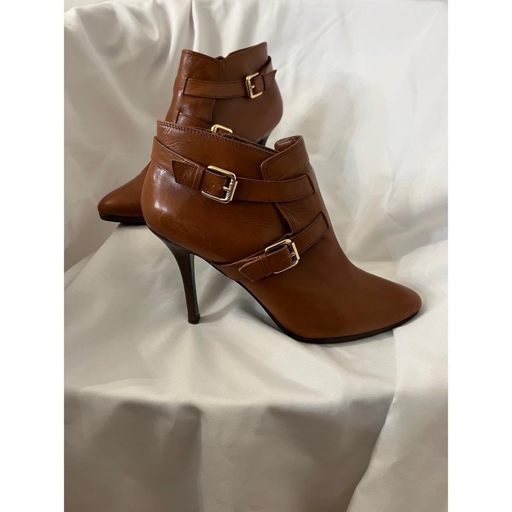 Lauren Ralph Lauren Womens Brown Leather Buckle Ankle Boots Stiletto Heel 9.5B